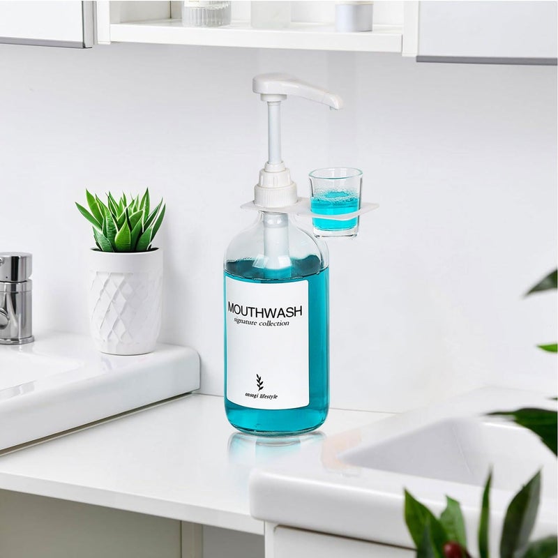 onsogi Glass Mouthwash Dispenser with Cup Holder and Pump, 16 Oz Rustic Boho Mouthwash Dispenser for Bathroom Farmhouse Decor - 1 Pack Clear - Image 5
